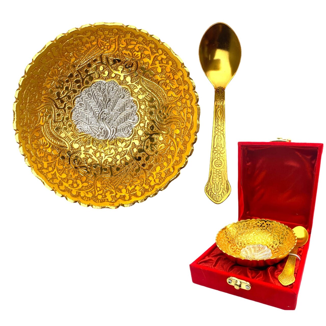 Gold Silver Plated Bowl Spoon Set German Silver Bowl Dry Fruits Dessert Serving Set Diwali Navratri Christmas Eid Wedding Housewarming Return Gifts Puja Favor - Home Decor Corporate Gift